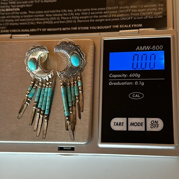 NAVAJO Concho Sterling vintage turquoise fringe signed and stamped Q.T. earrings - Picture 2 of 10
